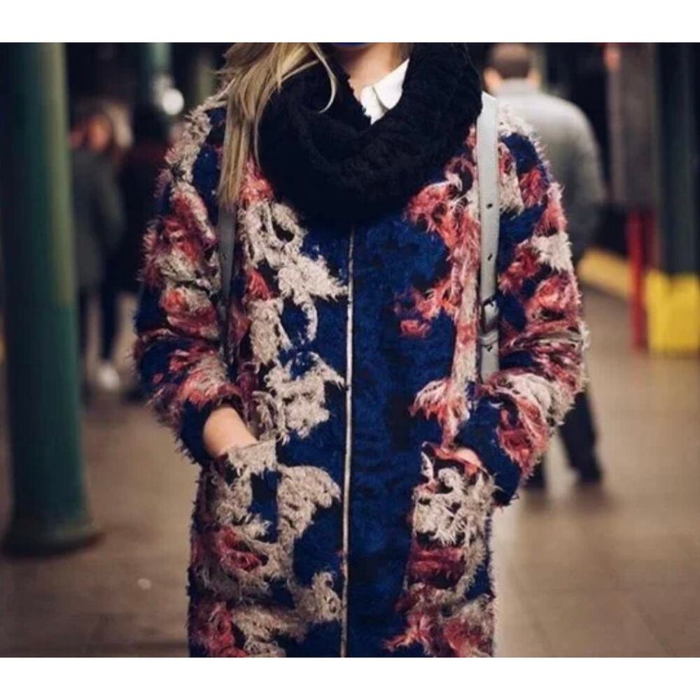 kersh fuzzy art faux fur pink blue coat Size M